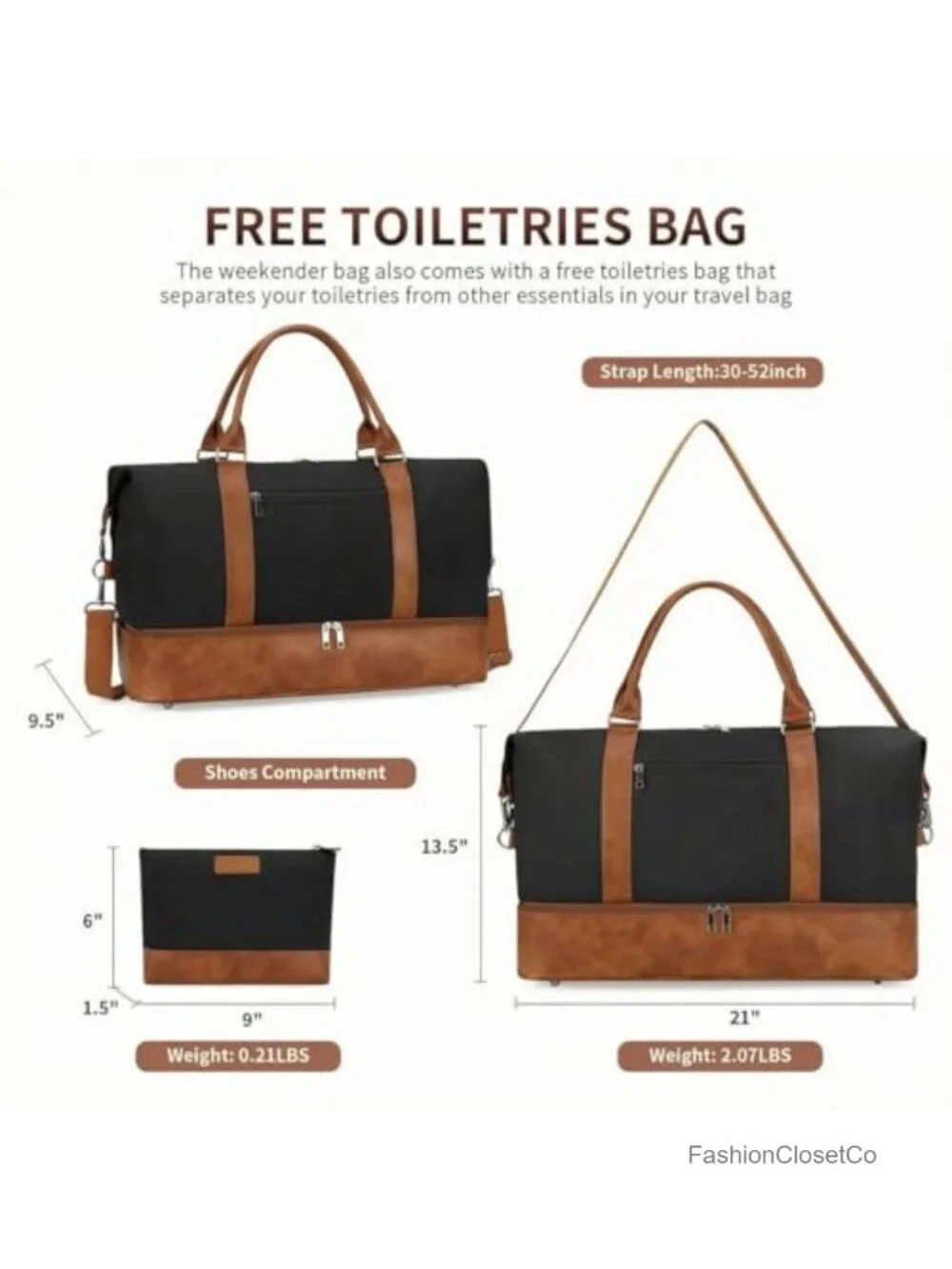 Large Weekender Duffel Bag with Shoe Compartment, Canvas & PU Leather Travel - Picture 6 of 6